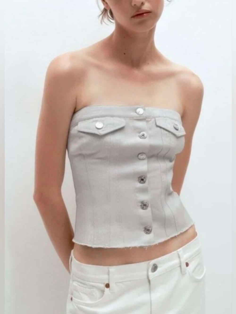 ZARA light gray metallic denim corset top Size S NWT